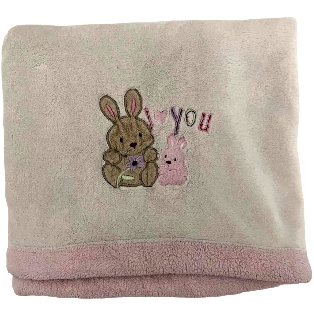 Just Born Beige I Love You Bunny Fleece Blanket Pink Trim Soft‎ Security Lovey